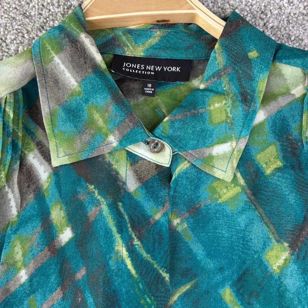 100% Silk Blouse Womens 16 Green Abstract Pleated Button Front Lightweight Artsy